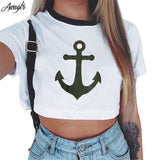 Awaytr Women's Summer Anchor Printed Crop Top 2017 Short Sleeve Cotton T Shirts Brand New Casual Tees Cute Cropped Top