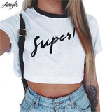 Awaytr Women's Summer Anchor Printed Crop Top 2017 Short Sleeve Cotton T Shirts Brand New Casual Tees Cute Cropped Top