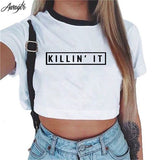 Awaytr Women's Summer Anchor Printed Crop Top 2017 Short Sleeve Cotton T Shirts Brand New Casual Tees Cute Cropped Top